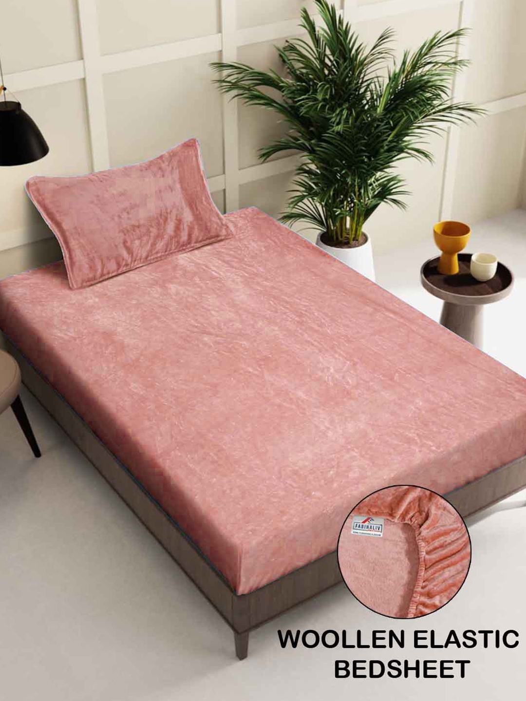 

FABINALIV Peach 300 TC Woollen Fitted 300 GSM Single Bedsheet with 1 Pillow Covers