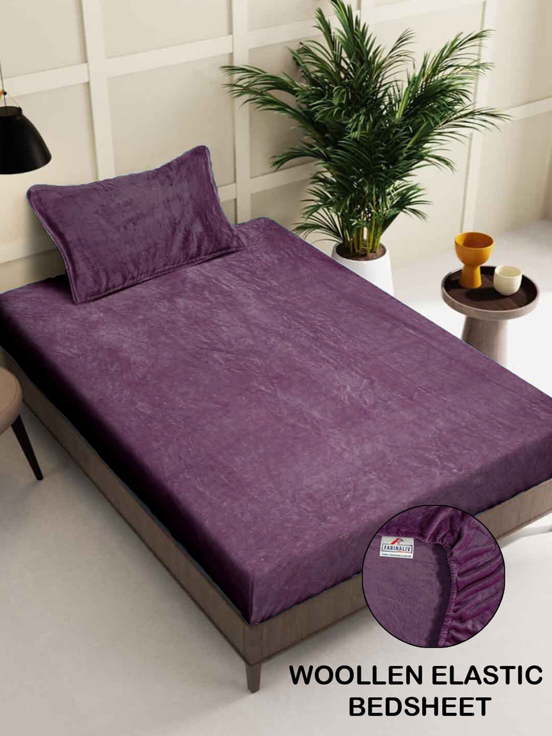 

FABINALIV Purple 300 TC Woollen Fitted Single Bedsheet With Pillow Cover