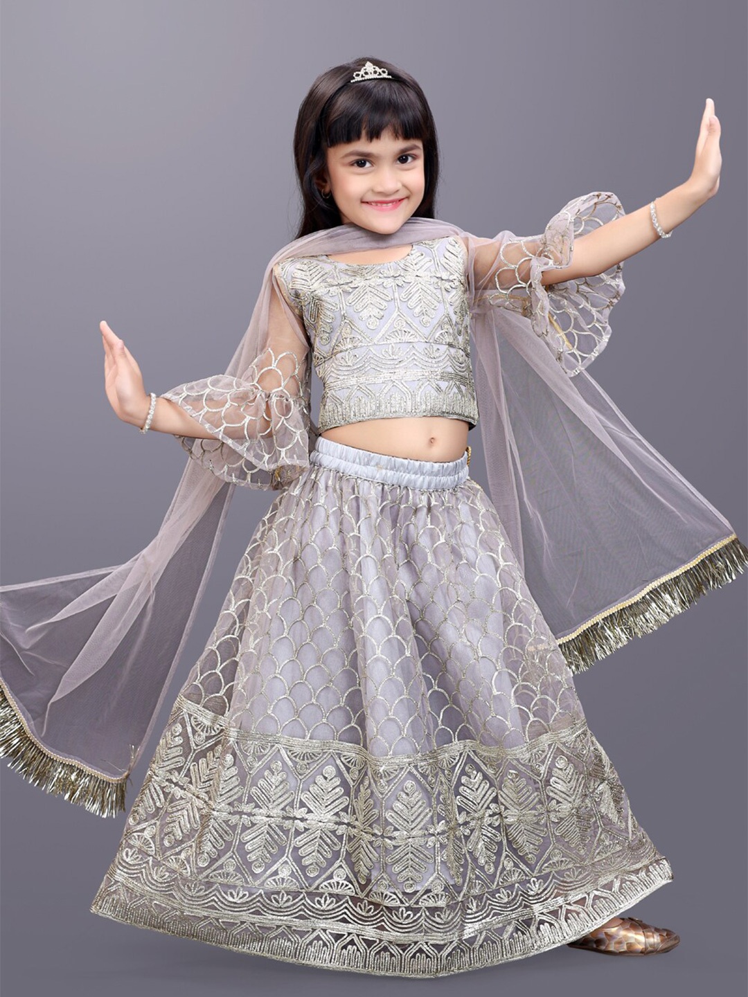 

BAESD Girls Embroidered Bell Sleeves Ready To Wear Lehenga & Blouse With Dupatta, Grey