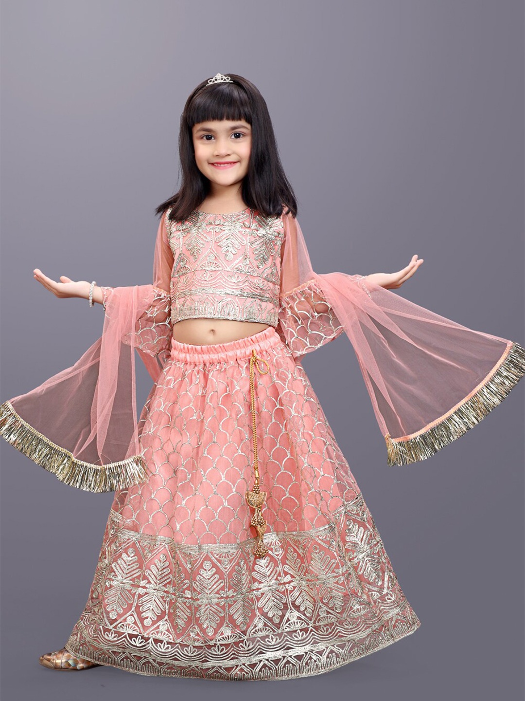 

BAESD Girls Embroidered Ready To Wear Lehenga & Blouse With Dupatta, Orange