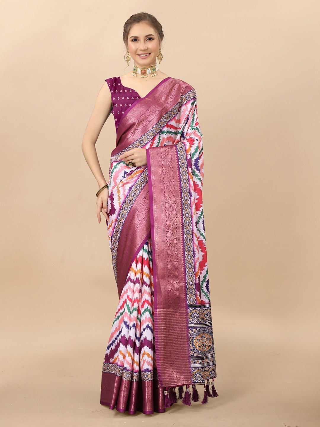 

bansari textiles Chevron Printed Zari Silk Cotton Banarasi Saree, Pink
