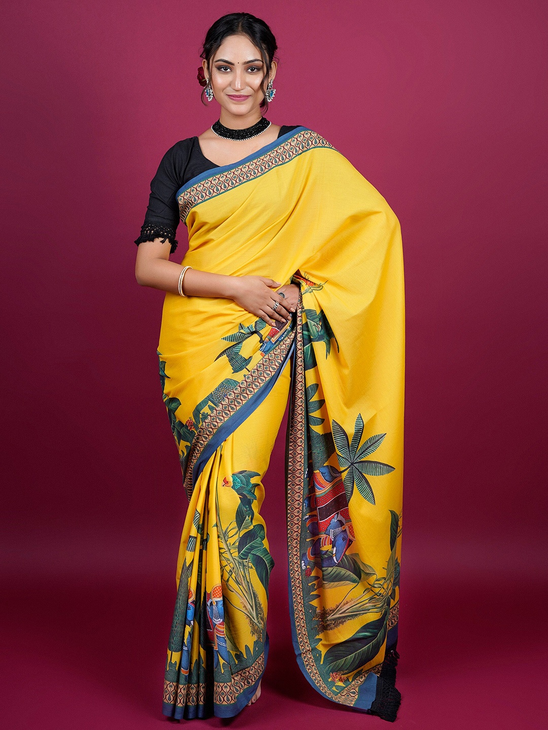 

BUTA BUTI Botanical Printed Pure Cotton Saree, Yellow