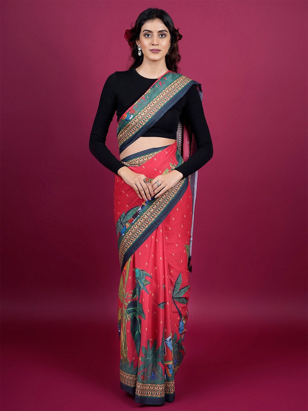 

BUTA BUTI Botanical Printed Pure Cotton Saree, Red