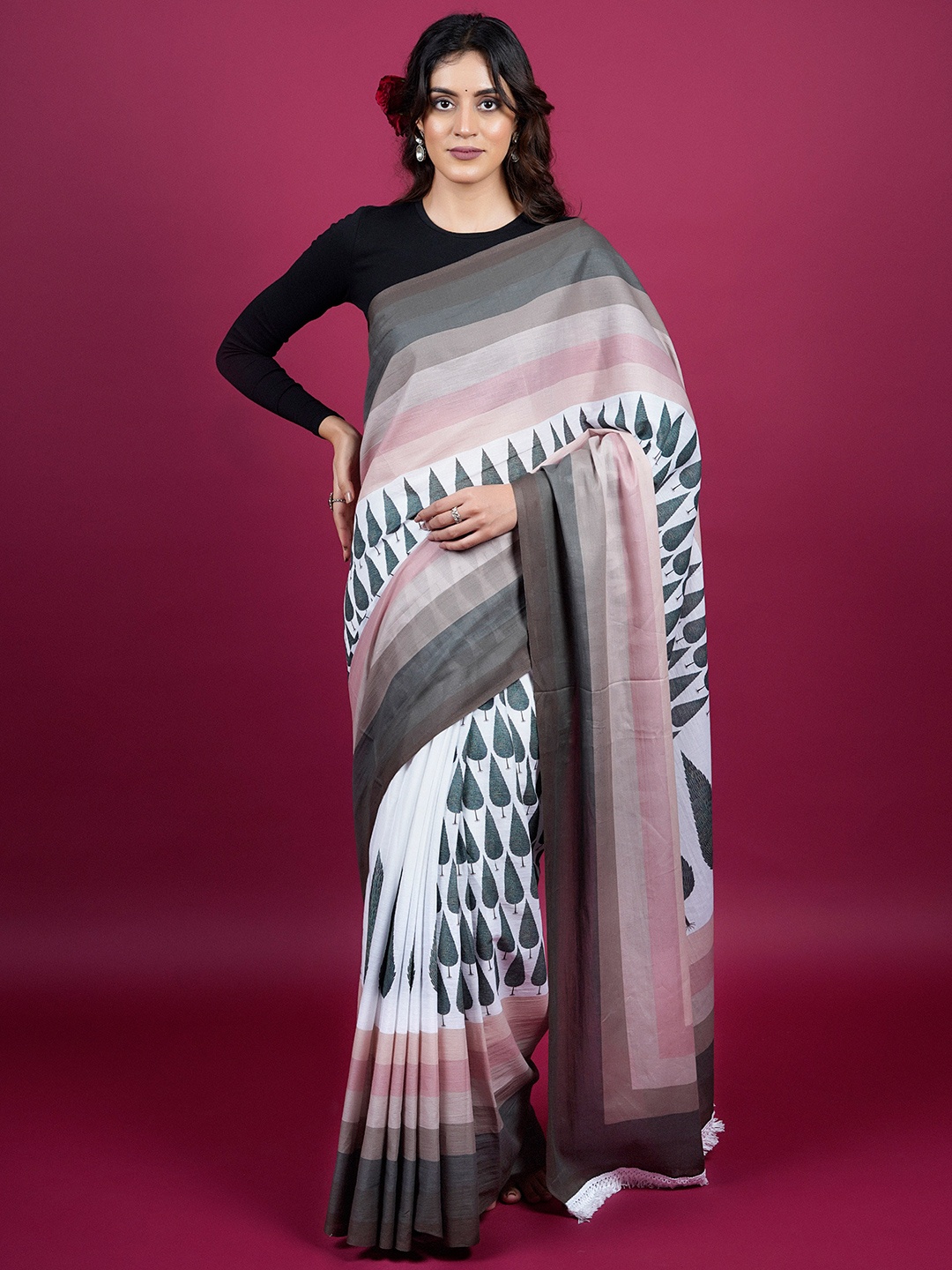 

BUTA BUTI Botanical Printed Pure Cotton Saree, Brown
