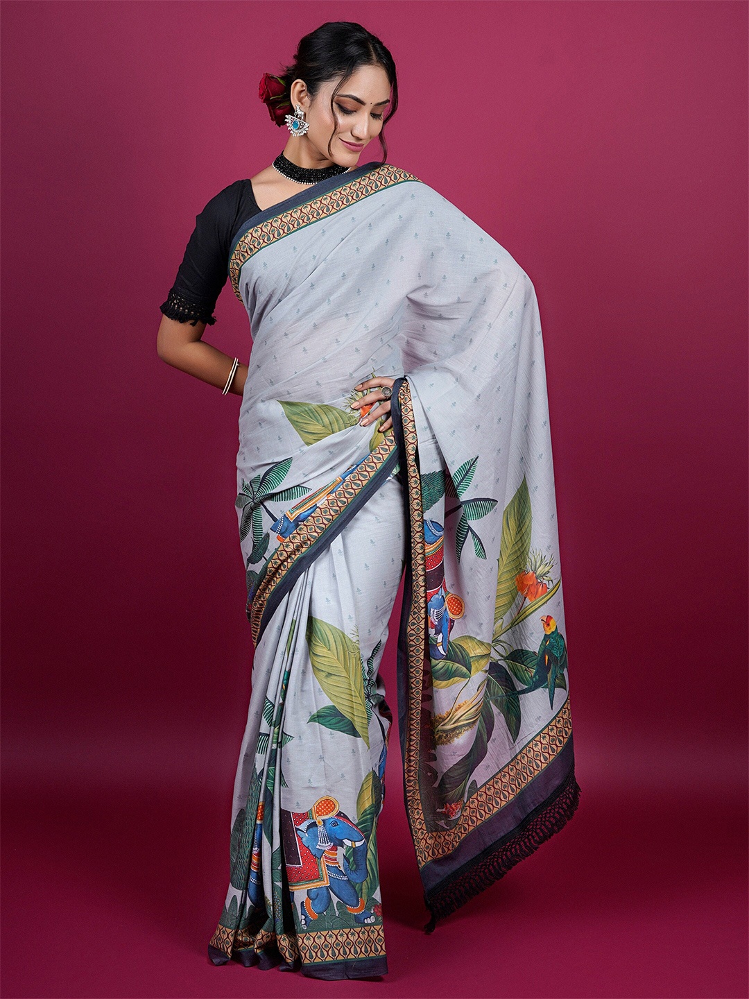 

BUTA BUTI Botanical Printed Pure Cotton Saree, Grey