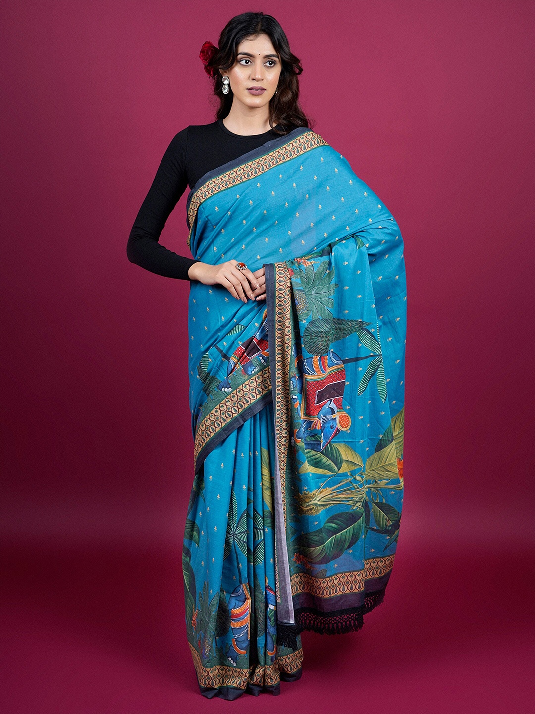 

BUTA BUTI Botanical Printed Pure Cotton Saree, Blue