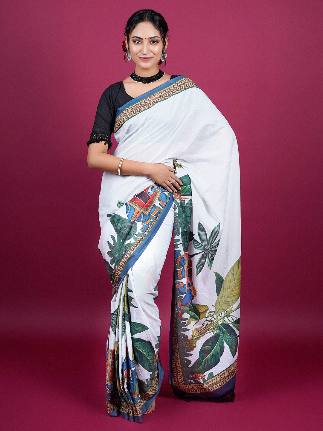 

BUTA BUTI Botanical Printed Pure Cotton Saree, White