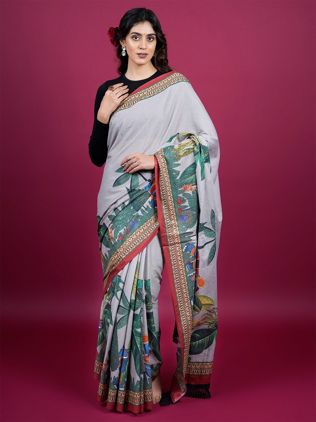 

BUTA BUTI Botanical Printed Pure Cotton Saree, Grey