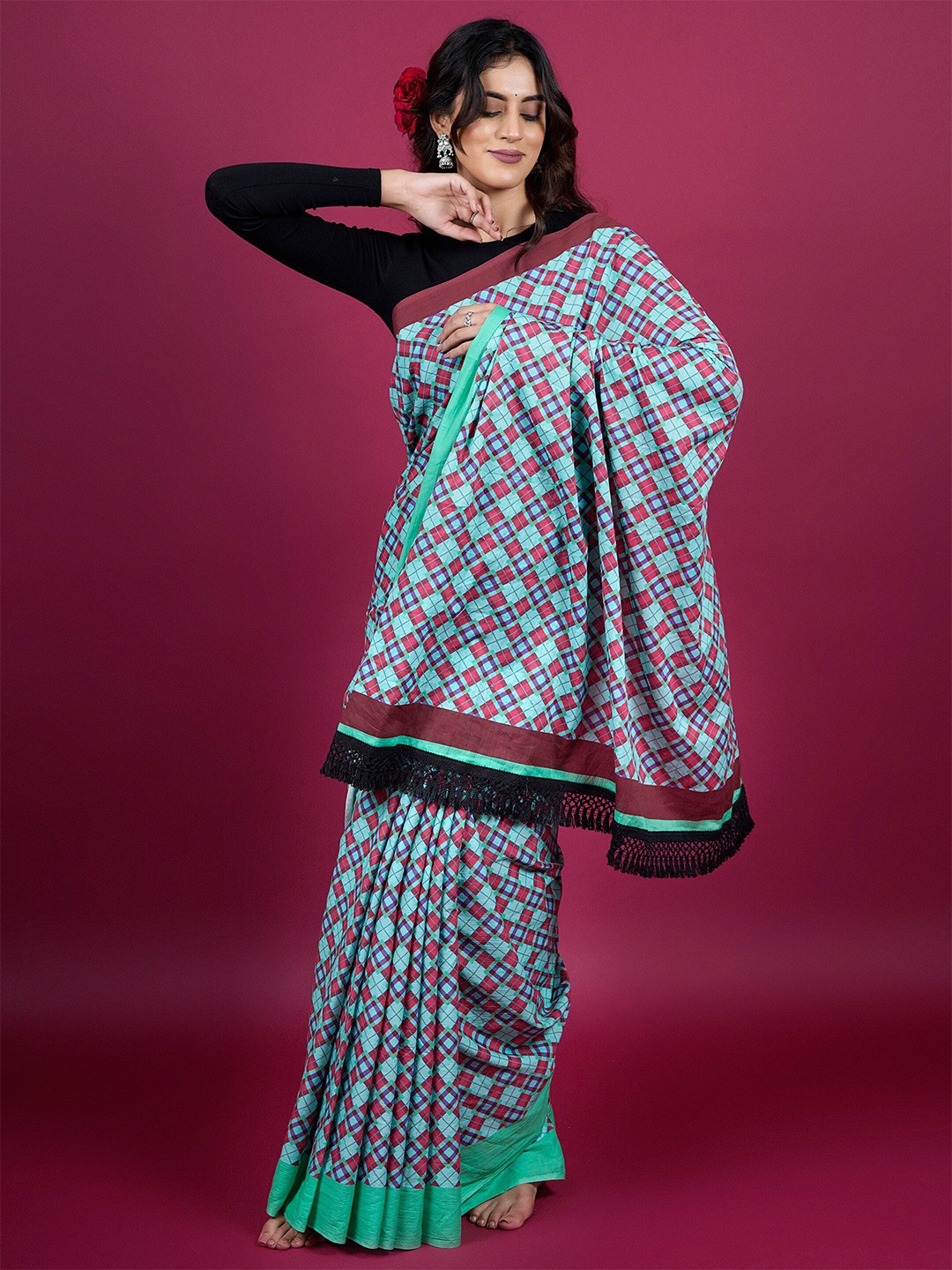 

BUTA BUTI Checked Pure Cotton Tasseled Saree, Green