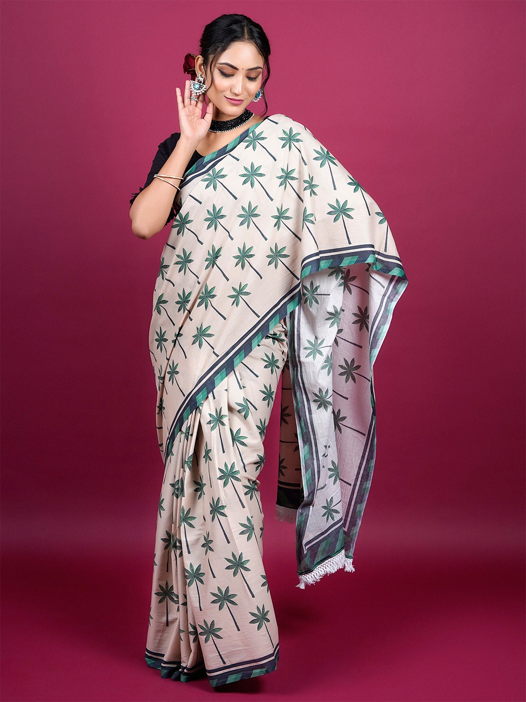 

BUTA BUTI Botanical Printed Pure Cotton Saree, Beige