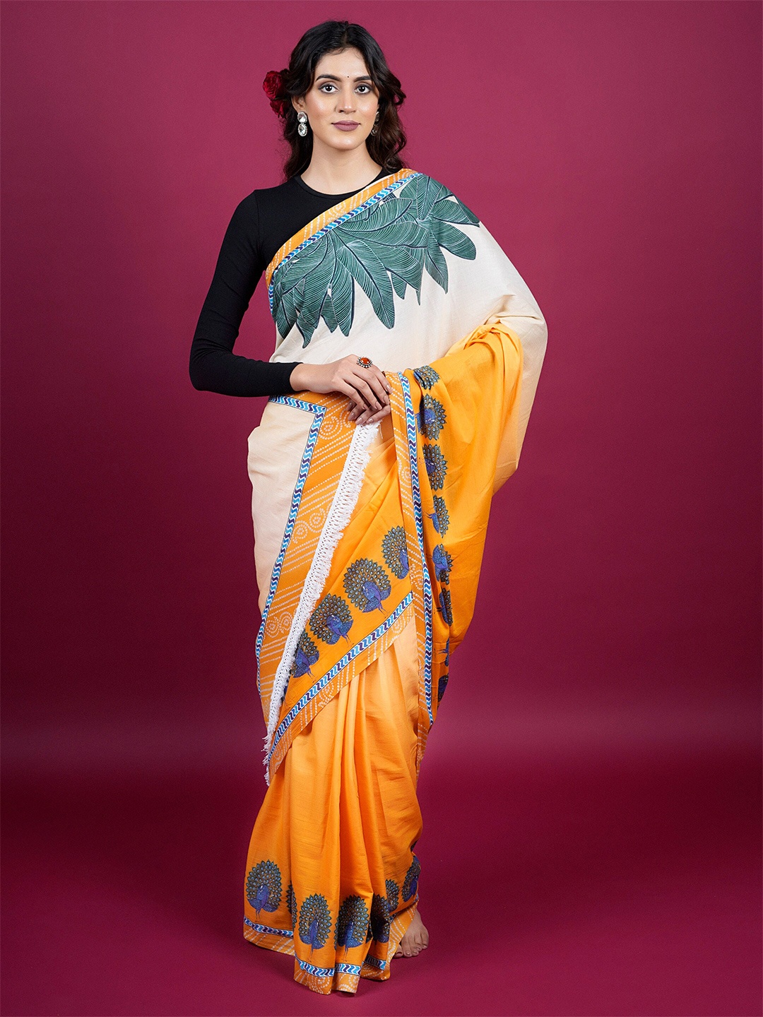 

BUTA BUTI Ethnic Motifs Printed Pure Cotton Saree, Yellow