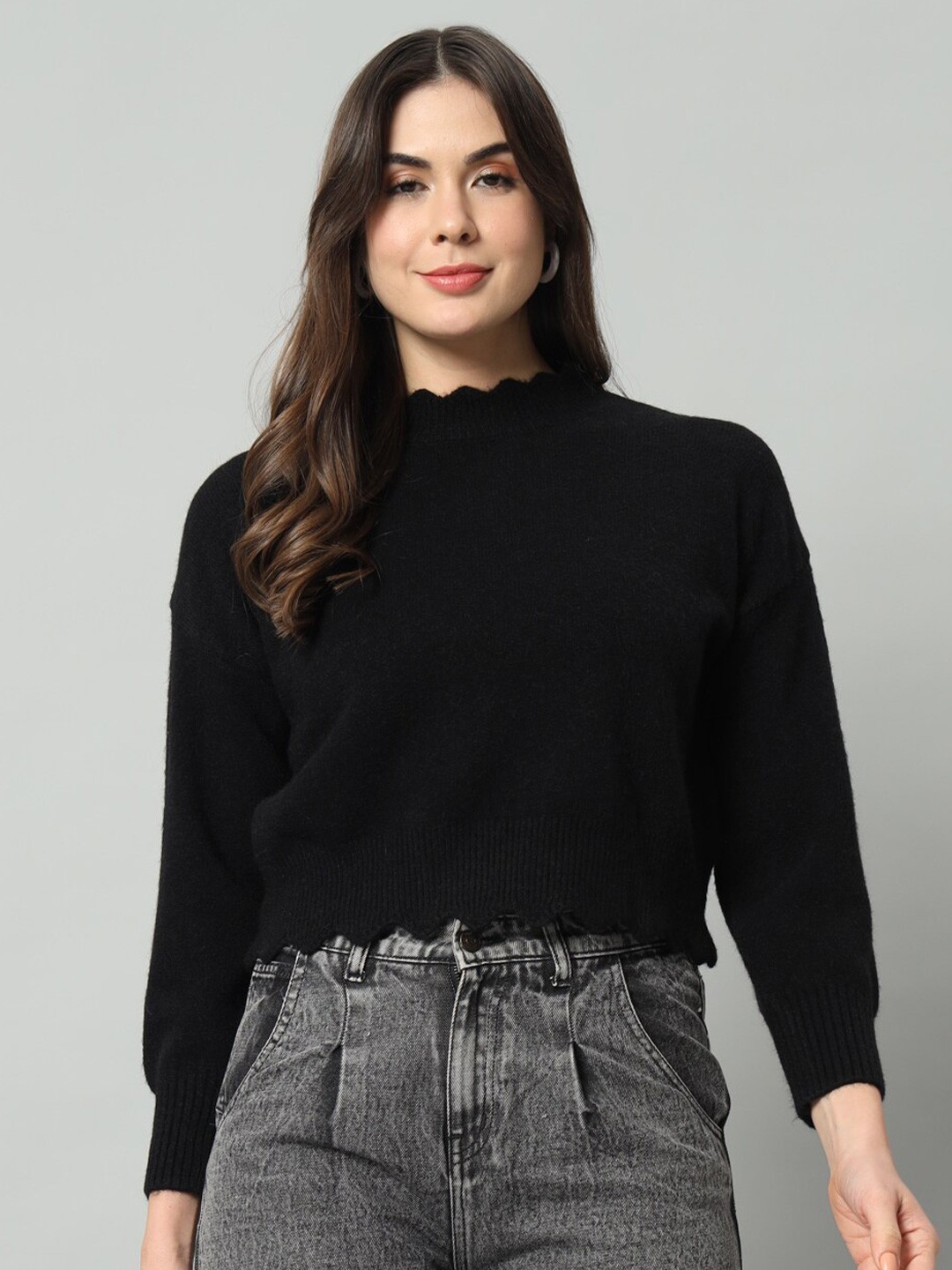 

BROOWL Mock Collar Woollen Pullover, Black
