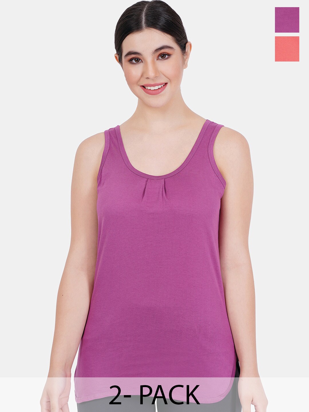 

Reveira Pack Of 2 Round Neck Sleeveless Camisoles, Coral