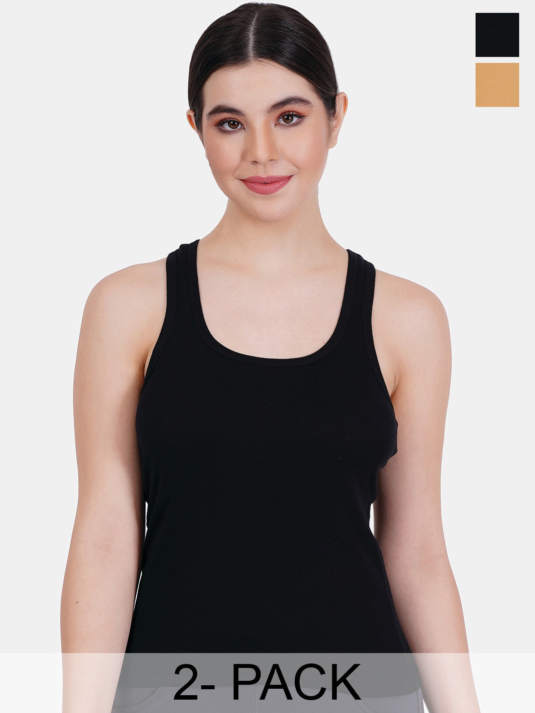 

Reveira Pack Of 2 Non Padded T-back Stretchable Camisoles, Black