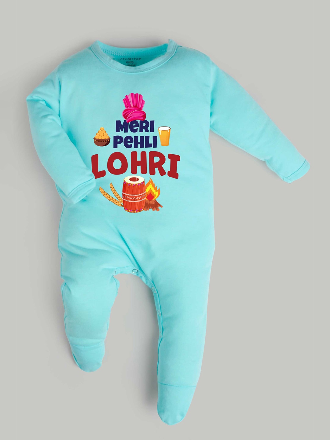 

FFLIRTYGO Infants Printed Pure Cotton Sleepsuit, Turquoise blue
