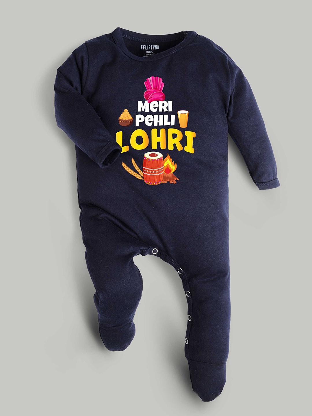 

FFLIRTYGO Infants Lohri Special Printed Pure Cotton Sleepsuit, Navy blue