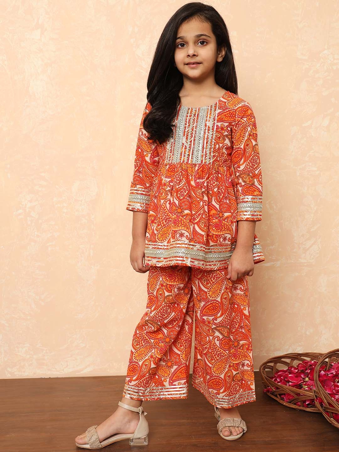 

Readiprint Fashions Girls Ethnic Motifs Printed Gotta Patti Pure Cotton Kurti with Palazzo, Orange