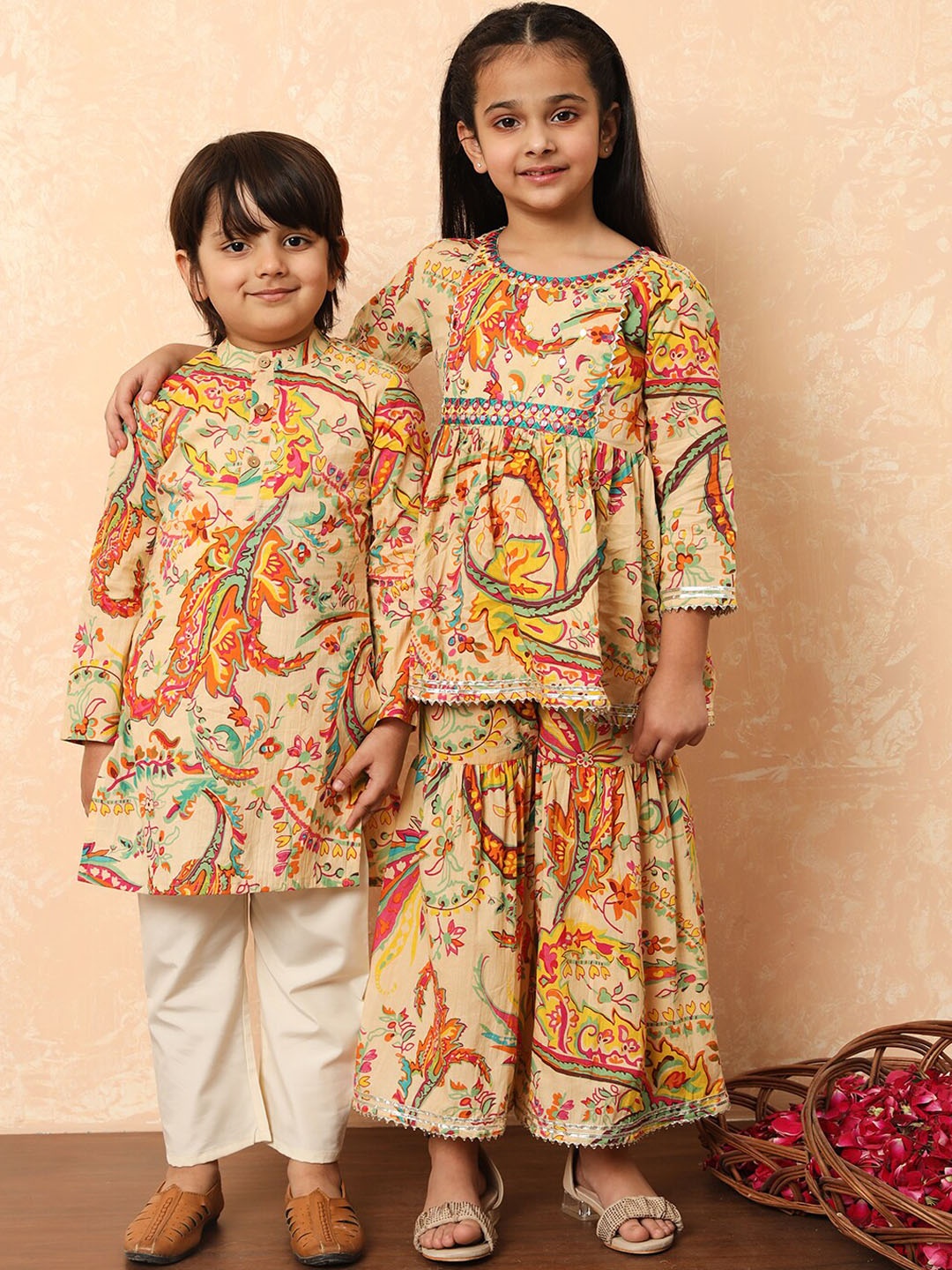 

Readiprint Boys Floral Printed Mandarin Collar Pure Cotton Kurta With Pyjama, Beige