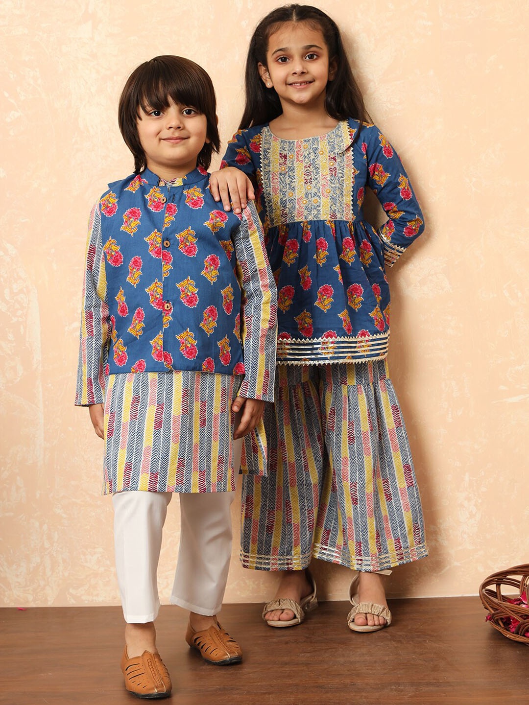 

Readiprint Fashions Girls Floral Printed Gotta Patti Pure Cotton A-Line Kurti With Sharara, Blue