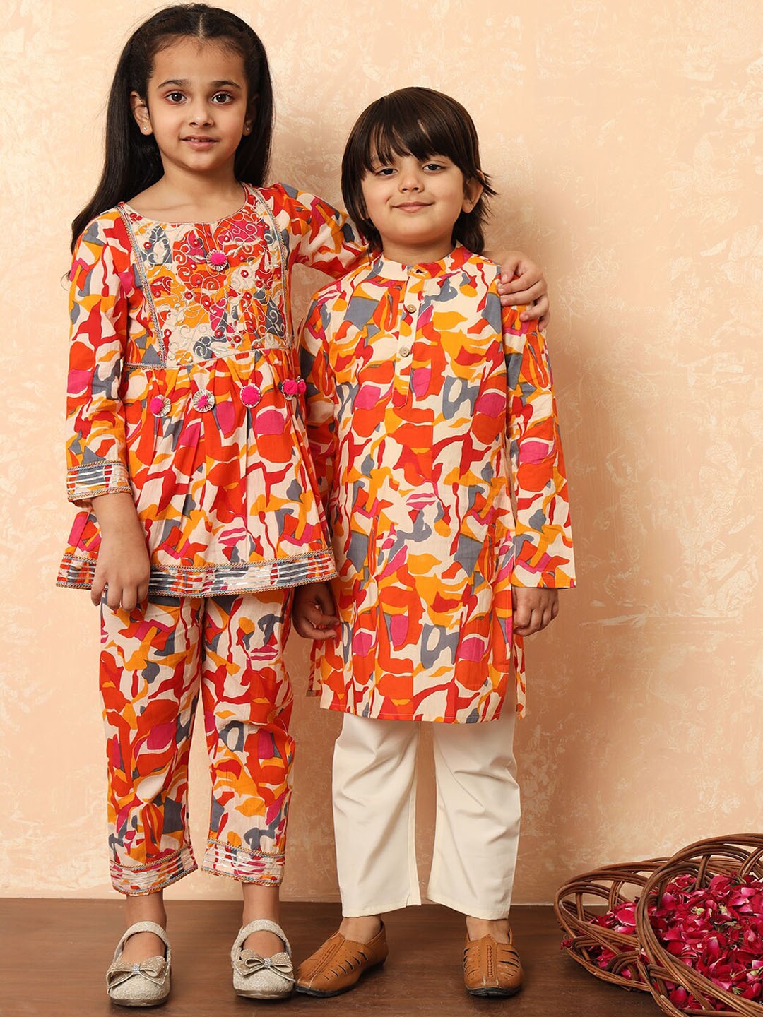 

Readiprint Girls Floral Printed Mirror Work Pure Cotton Kurti with Trouser, Orange