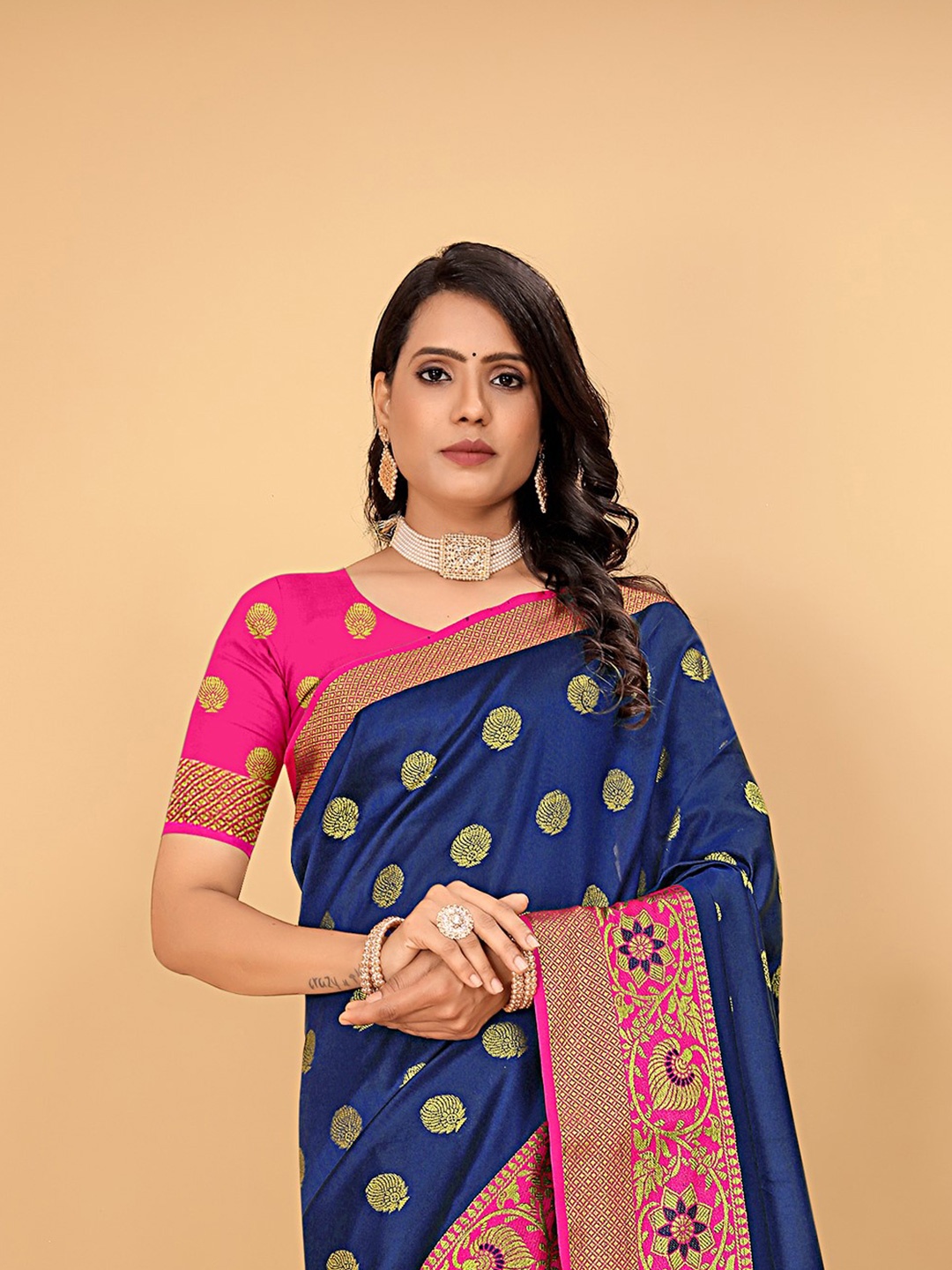 

Pionex Woven Design Zari Silk Cotton Banarasi Saree, Blue