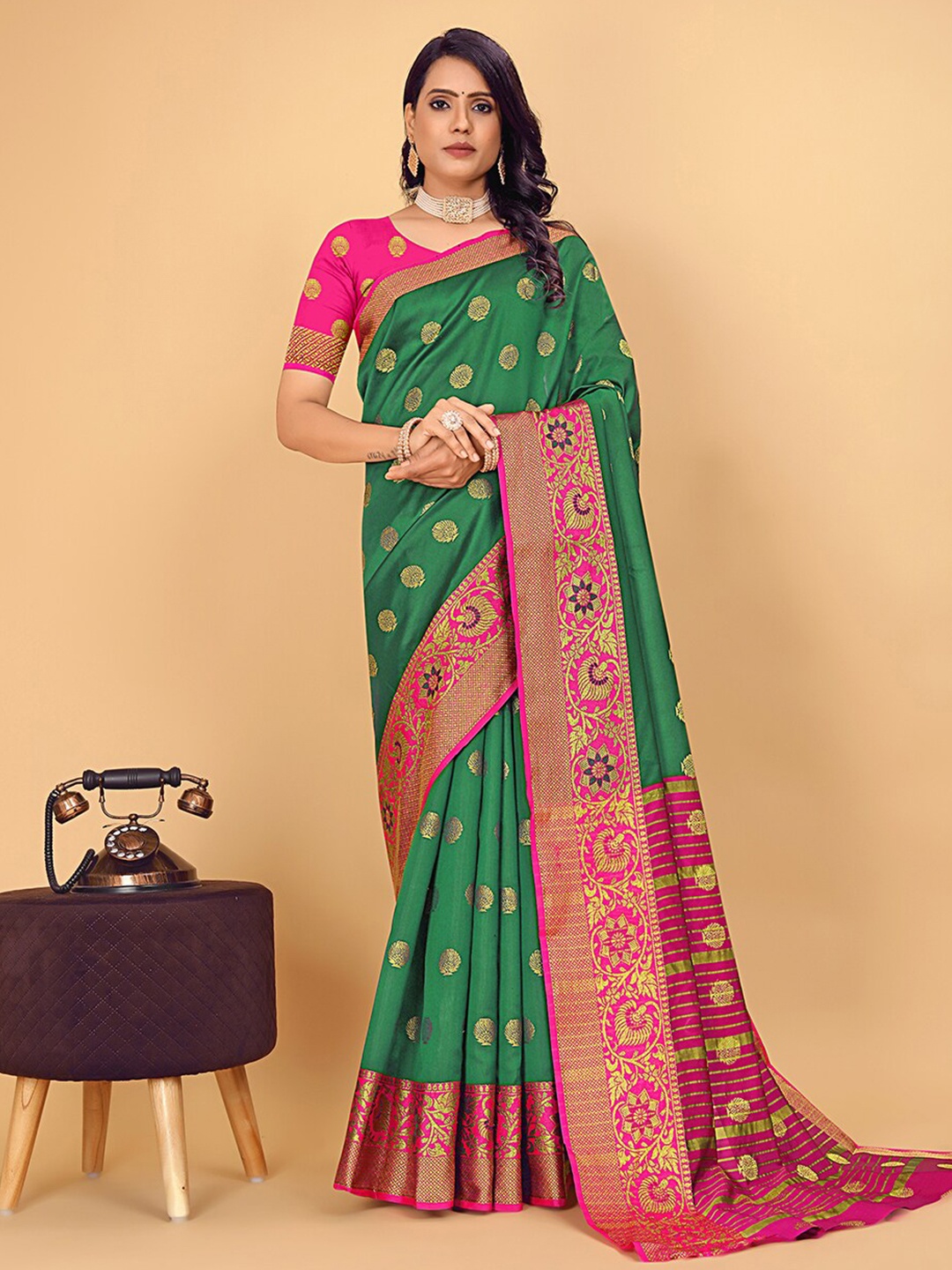 

Pionex Woven Design Zari Silk Cotton Banarasi Saree, Green