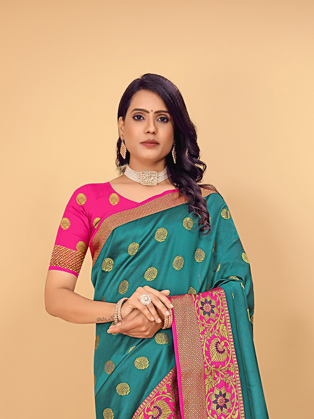 

Pionex Woven Design Zari Silk Cotton Banarasi Saree, Turquoise blue