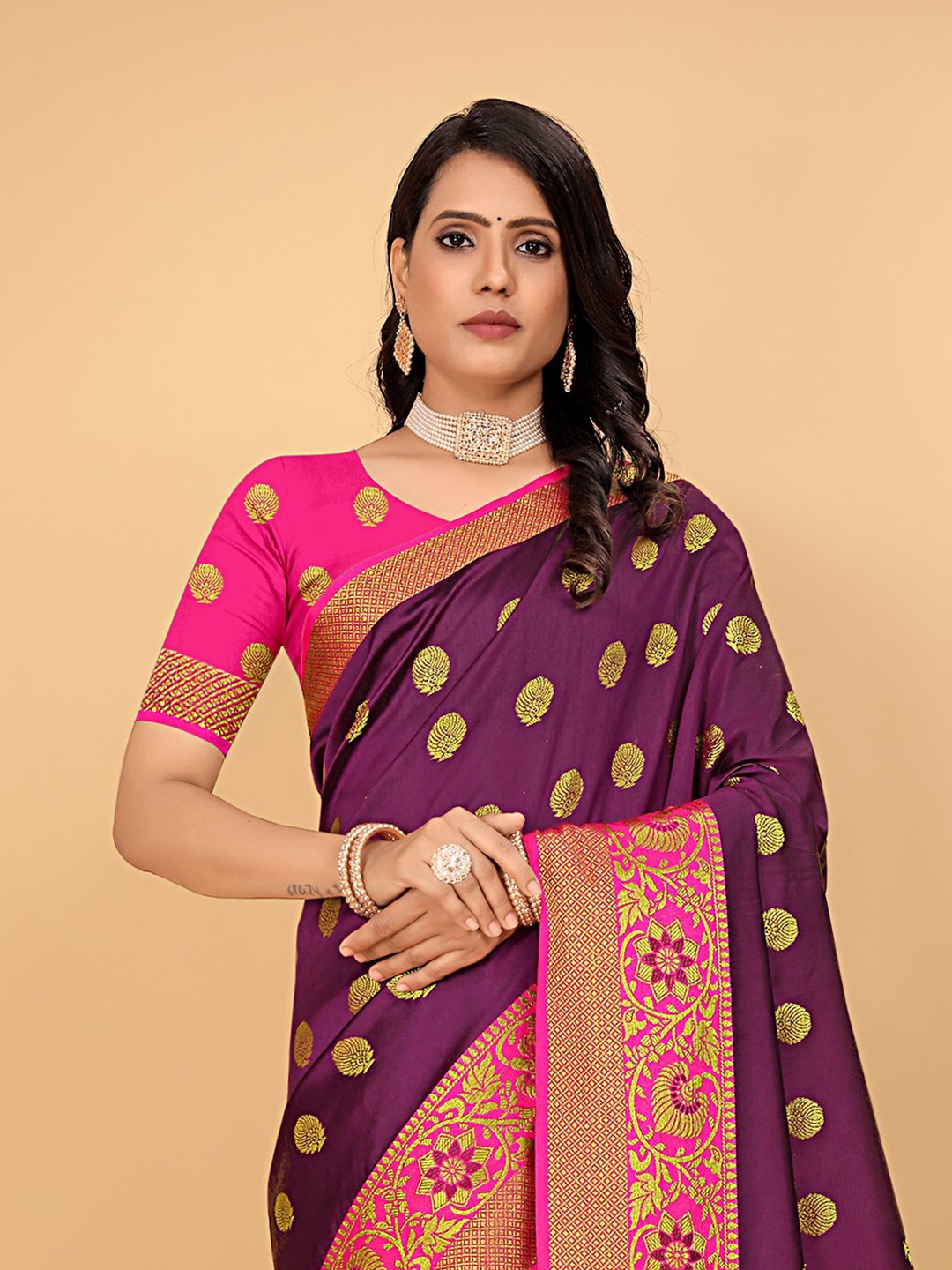 

Pionex Woven Design Silk Cotton Zari Banarasi Saree, Purple