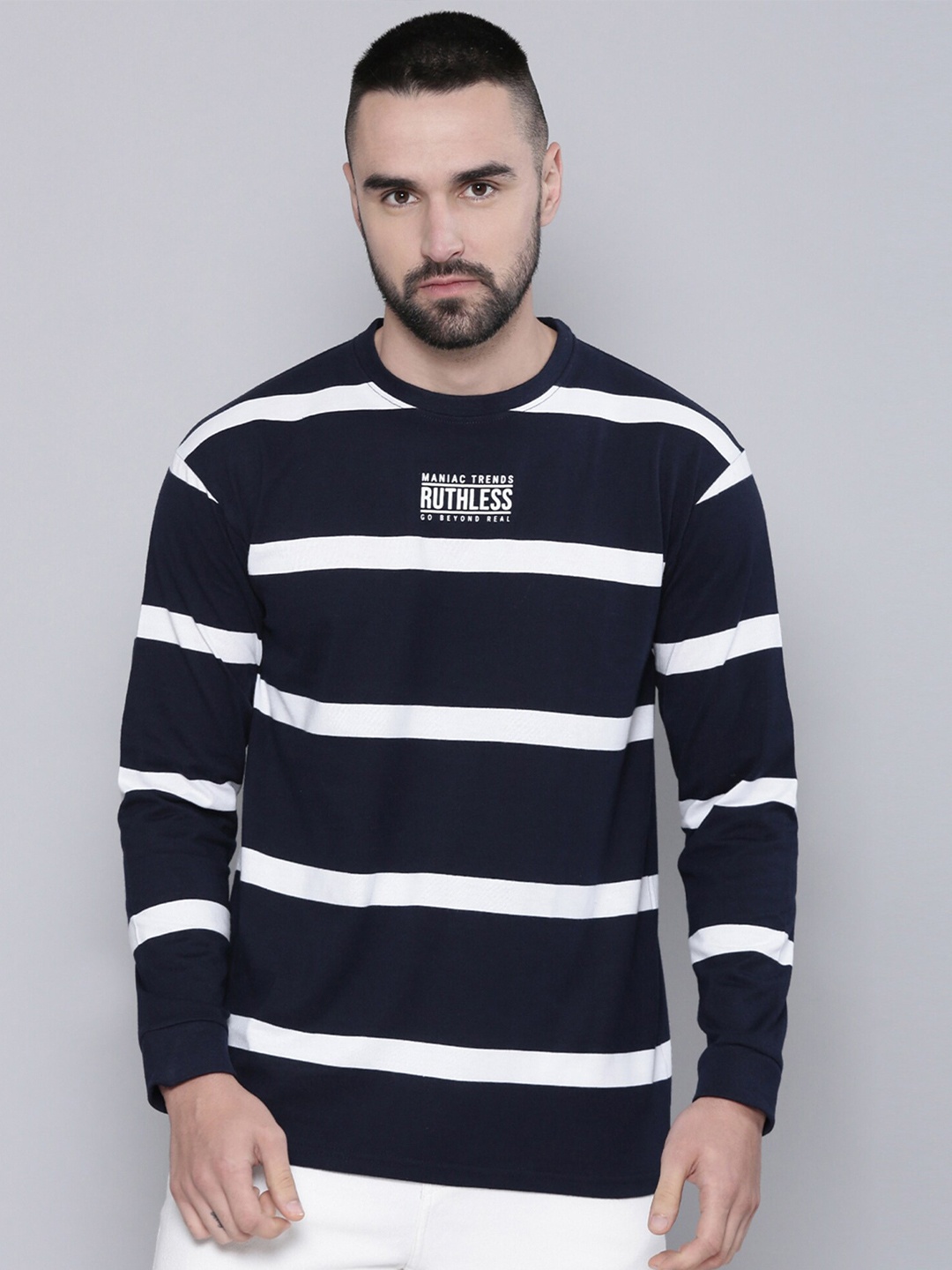 

Maniac Striped Oversized Cotton T-shirt, Navy blue