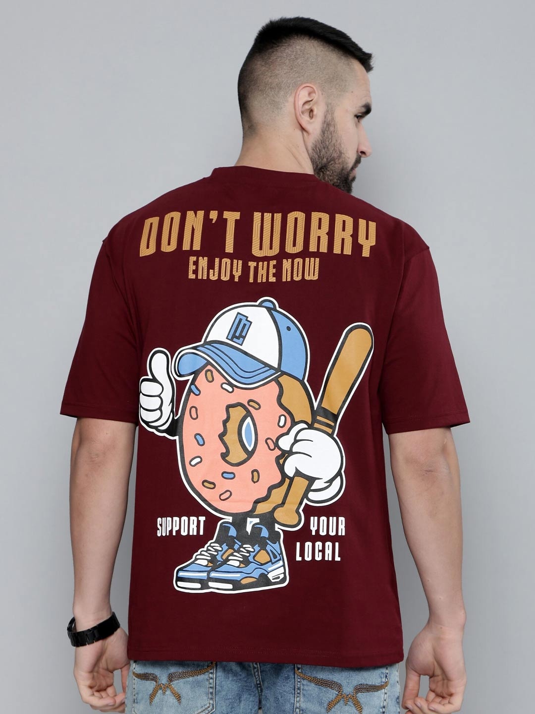 

Maniac Graphic Printed Drop Shoulder Oversized Cotton T-shirt, Burgundy