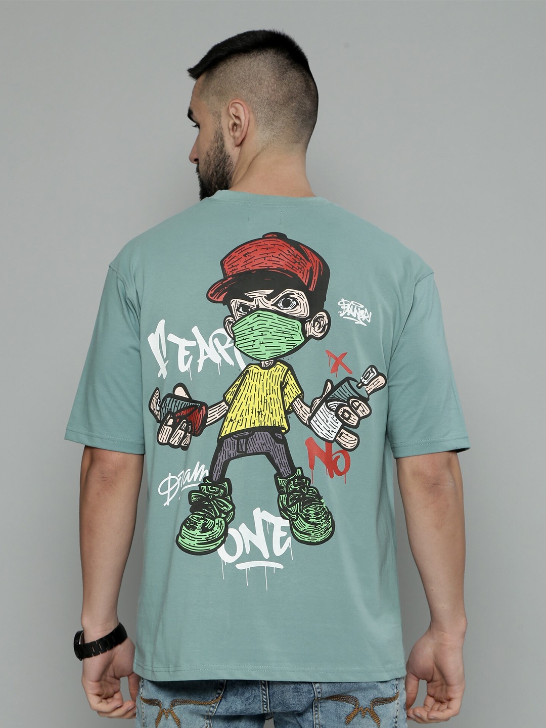 Maniac Graphic Printed Drop Shoulder Oversized Cotton T-shirt, Green
