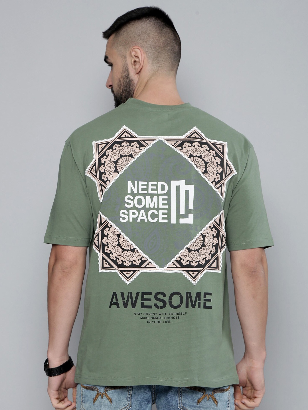 

Maniac Graphic Printed Oversized Drop Shoulder Sleeves Cotton T-shirt, Green