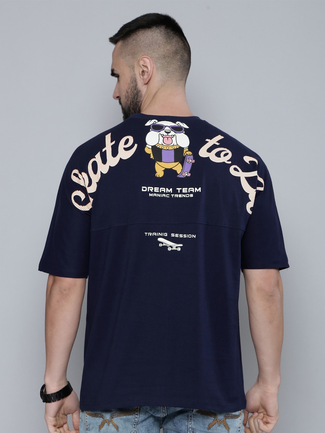 

Maniac Typography Printed Oversized Cotton T-shirt, Navy blue