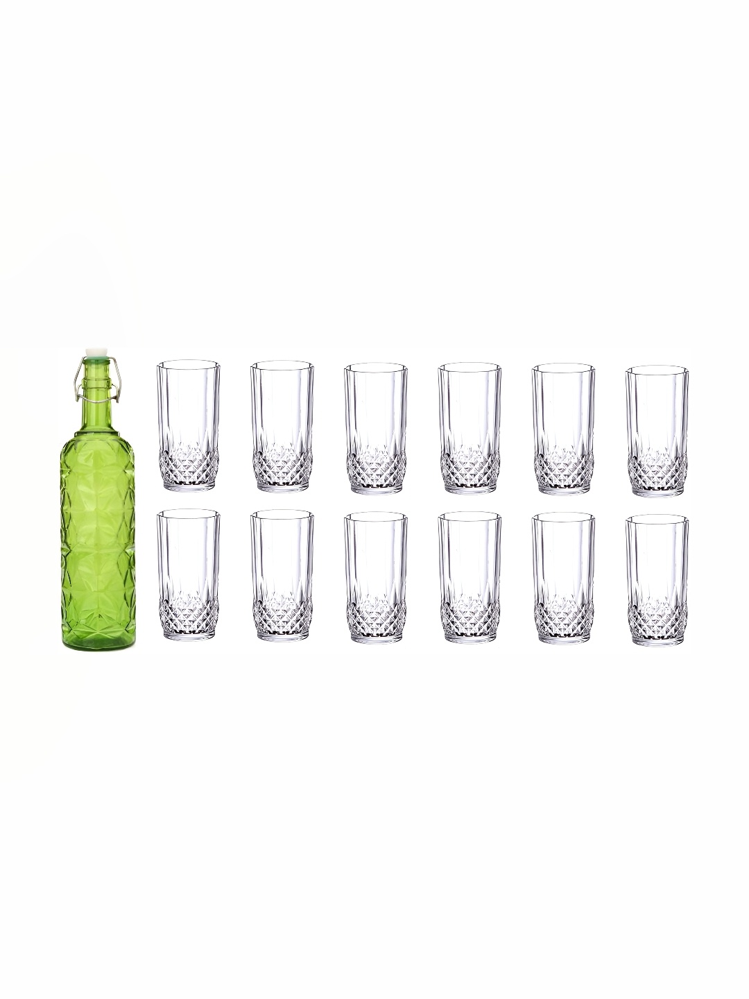 

Afast Green & Transparent 13 Pieces Glass Water or Juice Glass With Water Bottle Set 1 Ltr