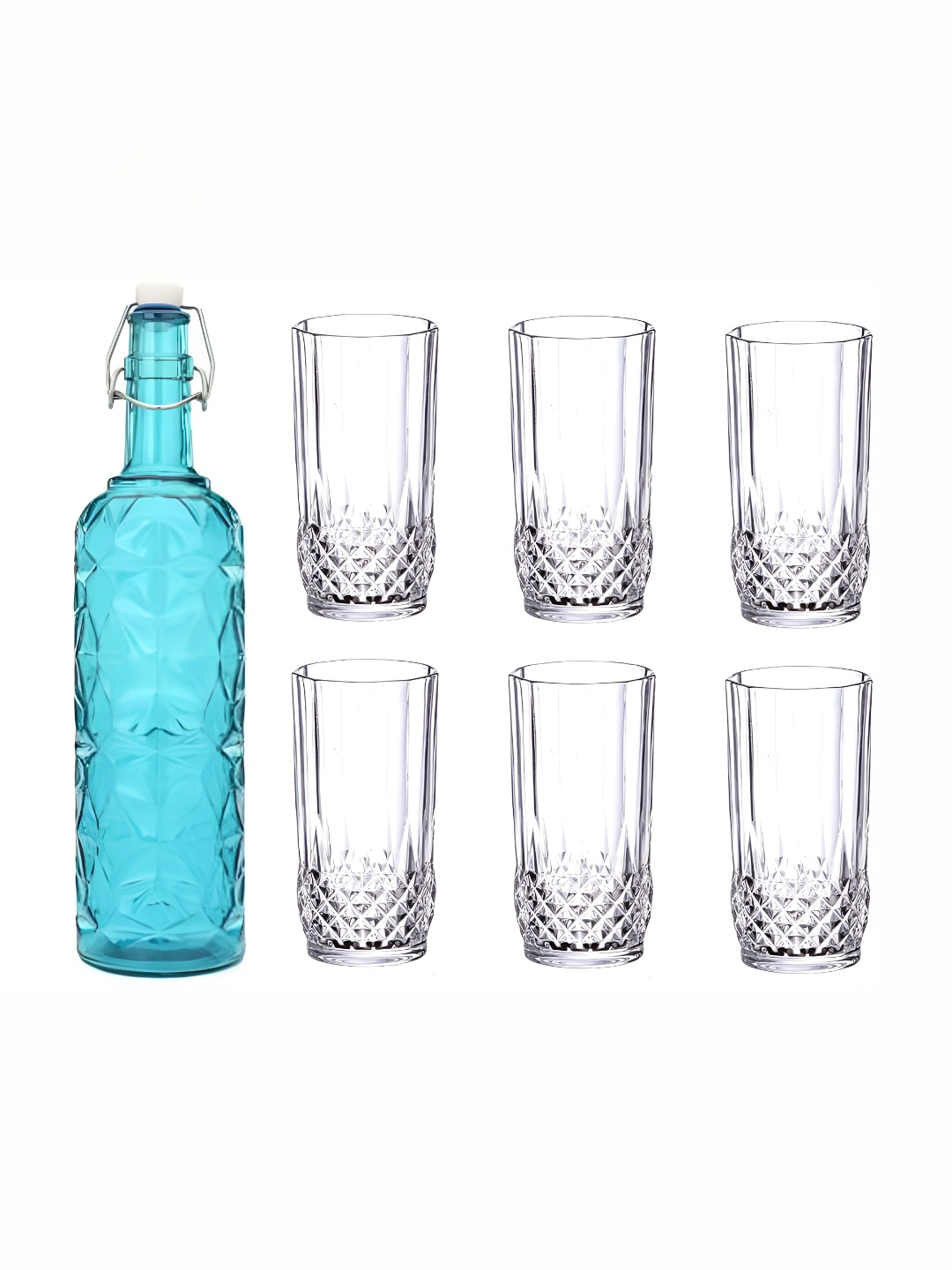 

Afast Blue & Transparent 7 Pieces Textured Glass Water Bottle With Glasses Set