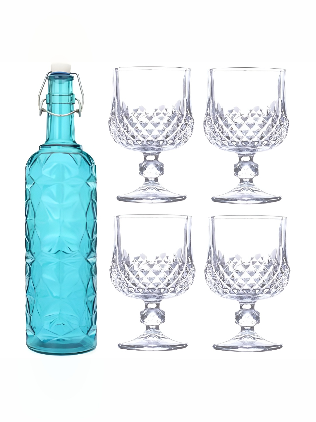 

Afast Blue & Transparent 5 Pieces Textured Water Bottle With Glasses Set