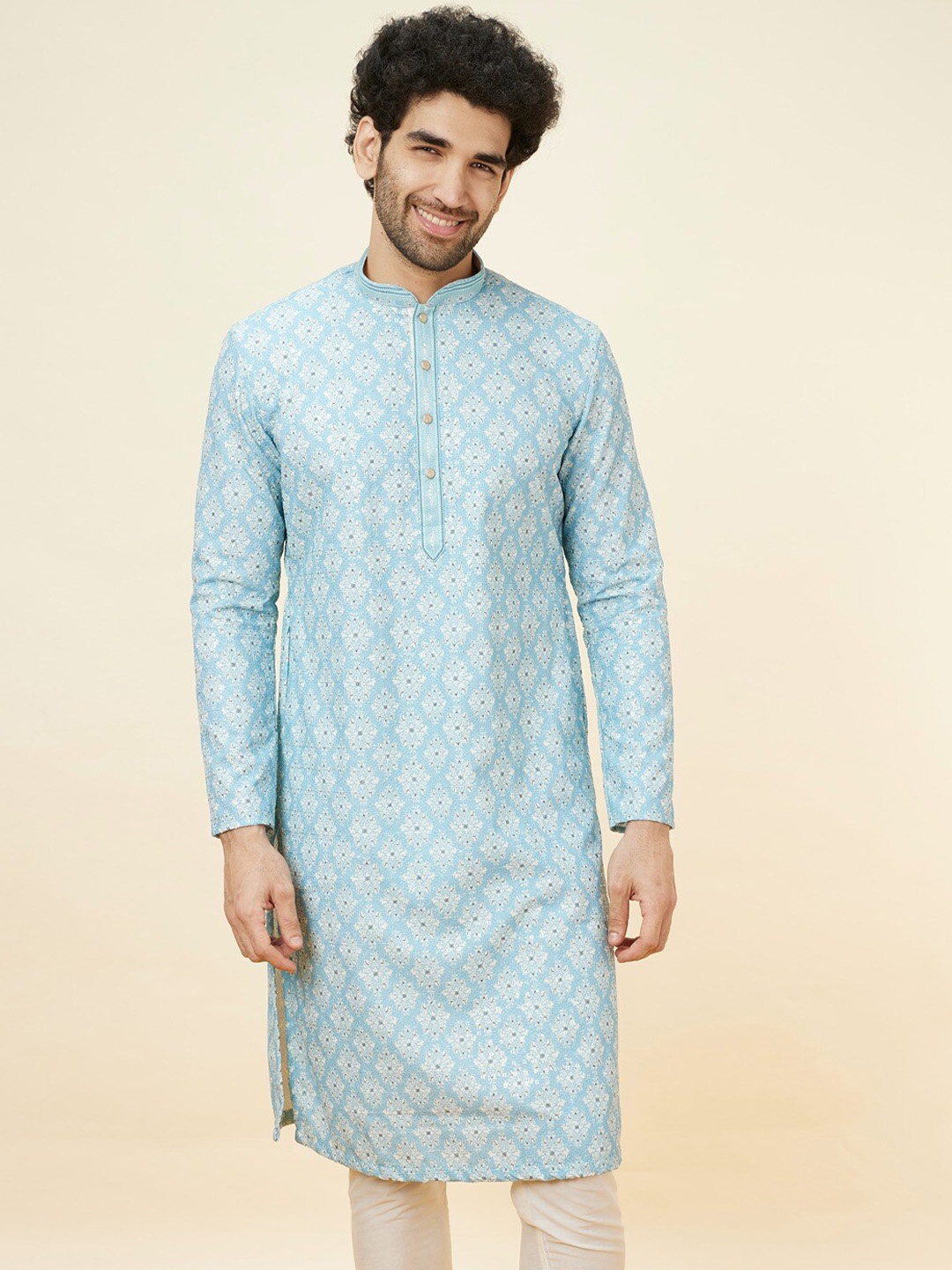 

Manyavar Floral Printed Straight Kurta with Pyjamas, Blue