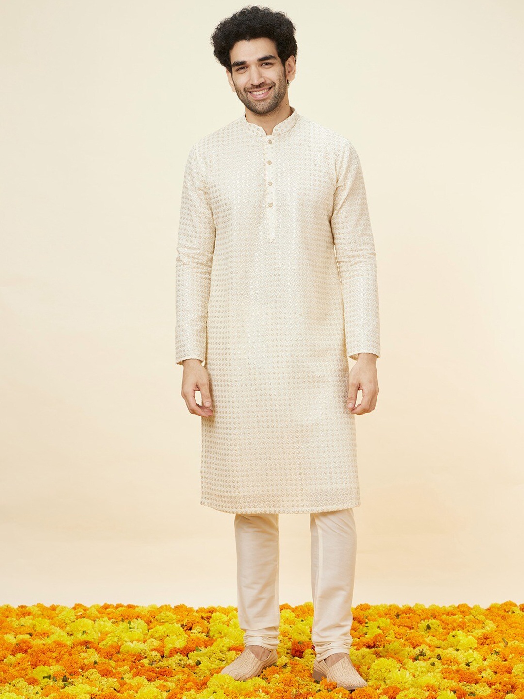 

Manyavar Floral Embroidered Straight Kurta with Churidar, Cream