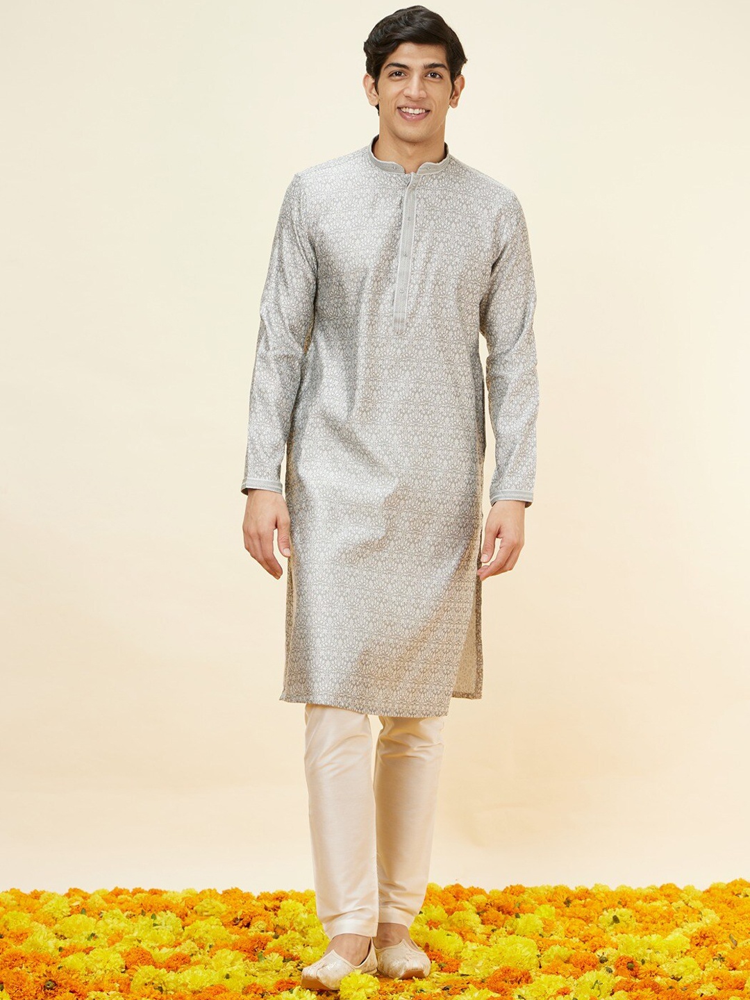 

Manyavar Floral Woven Design Mandarin Collar Straight Kurta with Pyjamas, Grey