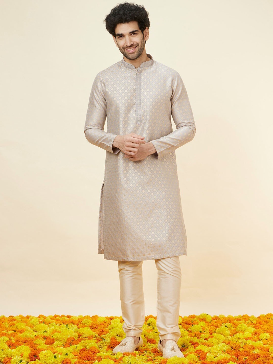 

Manyavar Woven Design Mandarin Collar Kurta with Pyjamas, Grey