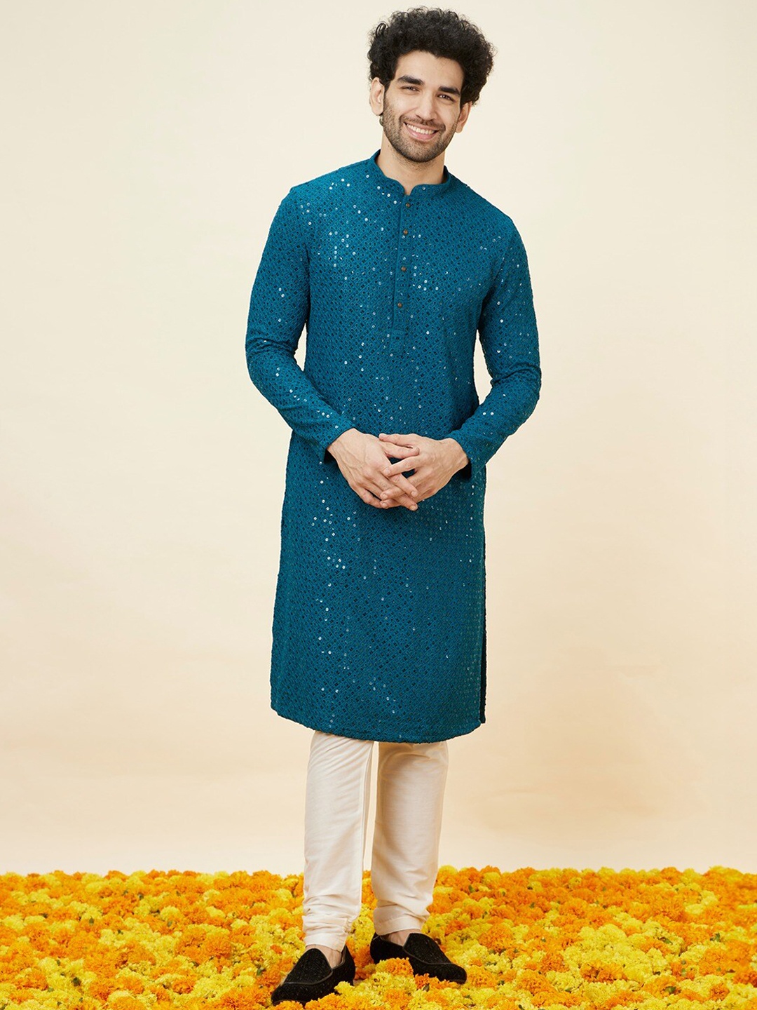 

Manyavar Embroidered Sequinned Kurta with Pyjamas, Blue