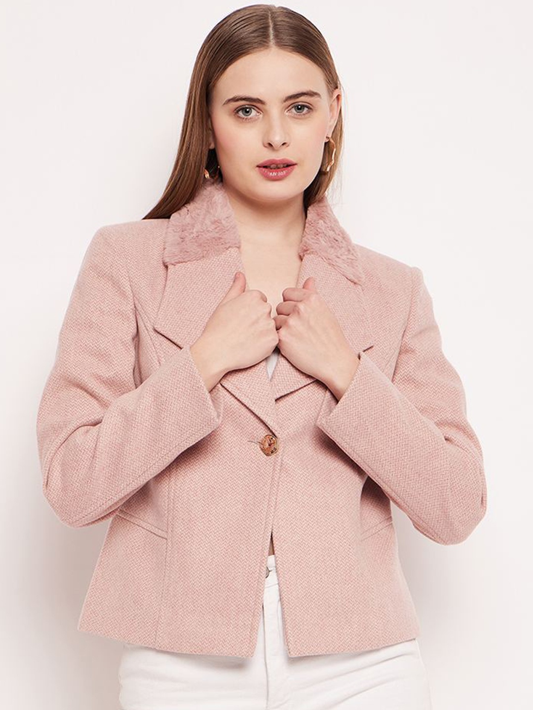 

CAMLA Chevron Designed Single-Breasted Overcoat, Pink