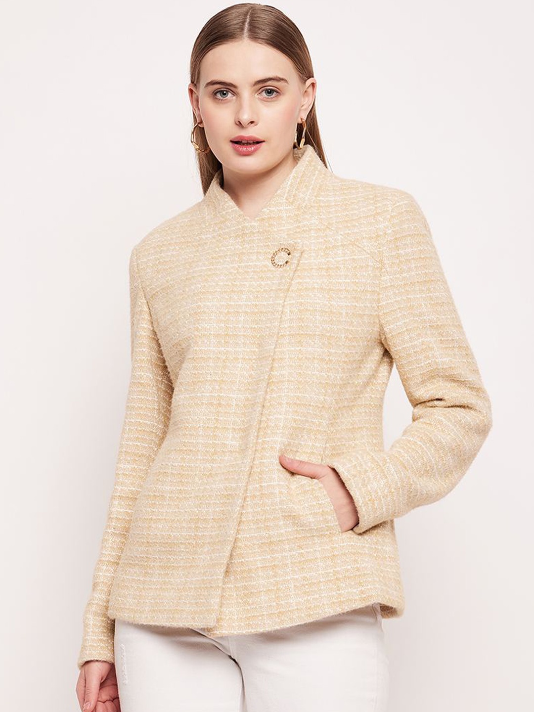 

CAMLA Self Designed Mock Collar Linen Overcoat, Beige