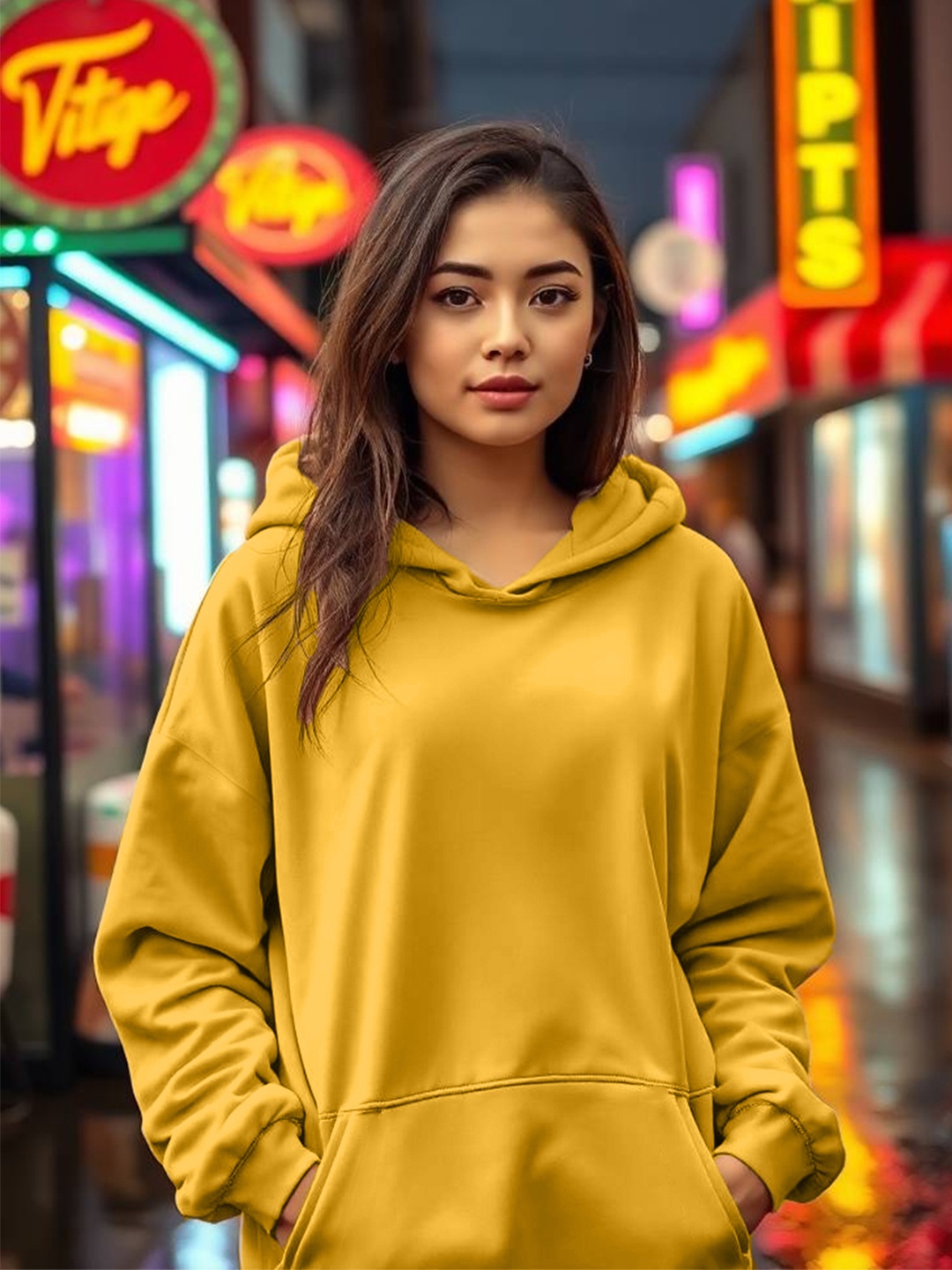 

Leotude Hooded Neck Long Sleeves Oversized Fleeces Pullover Sweatshirt, Mustard