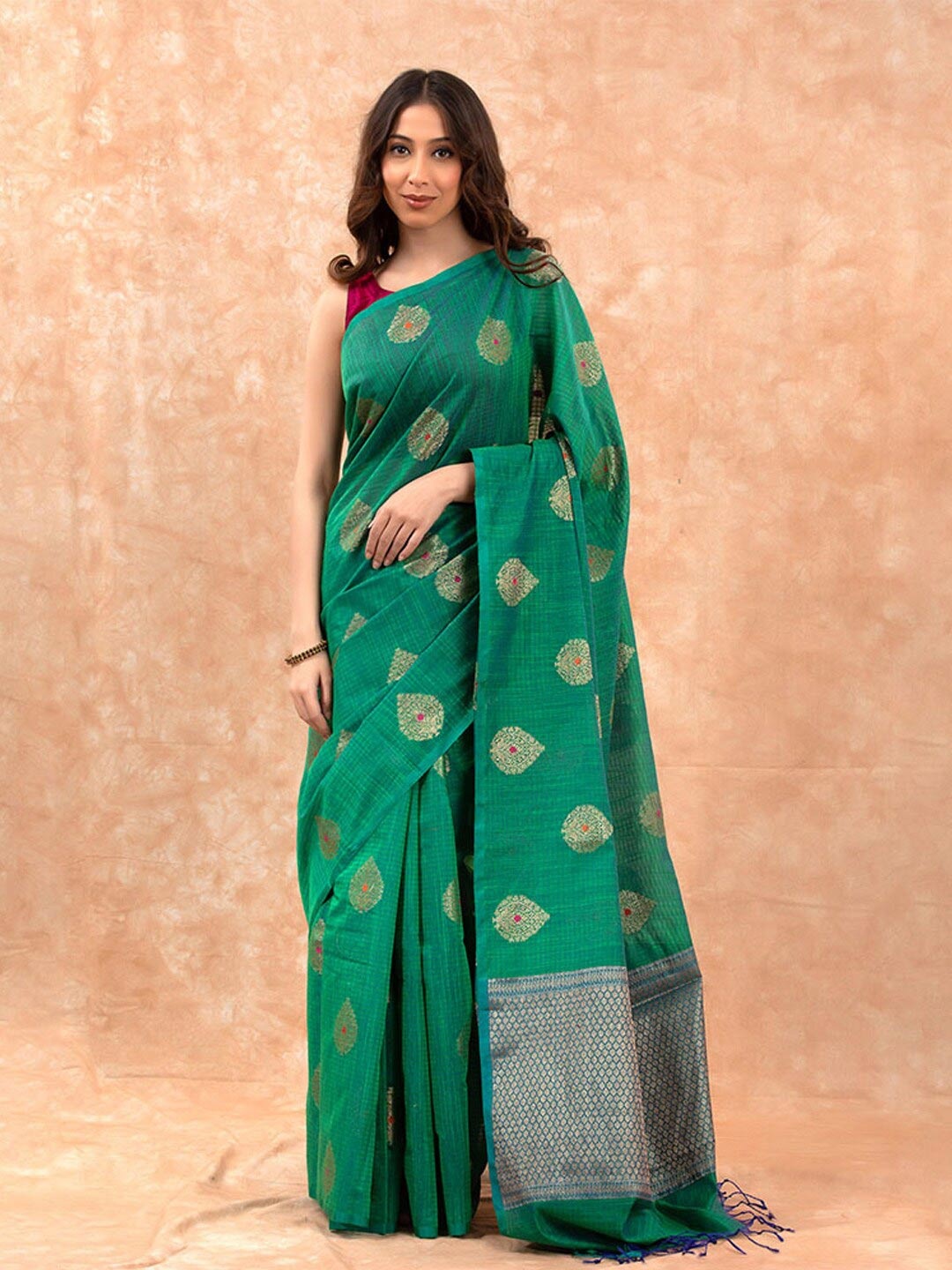 

CHINAYA BANARAS Ethnic Motifs Woven Design Zari Pure Cotton Banarasi Saree, Green