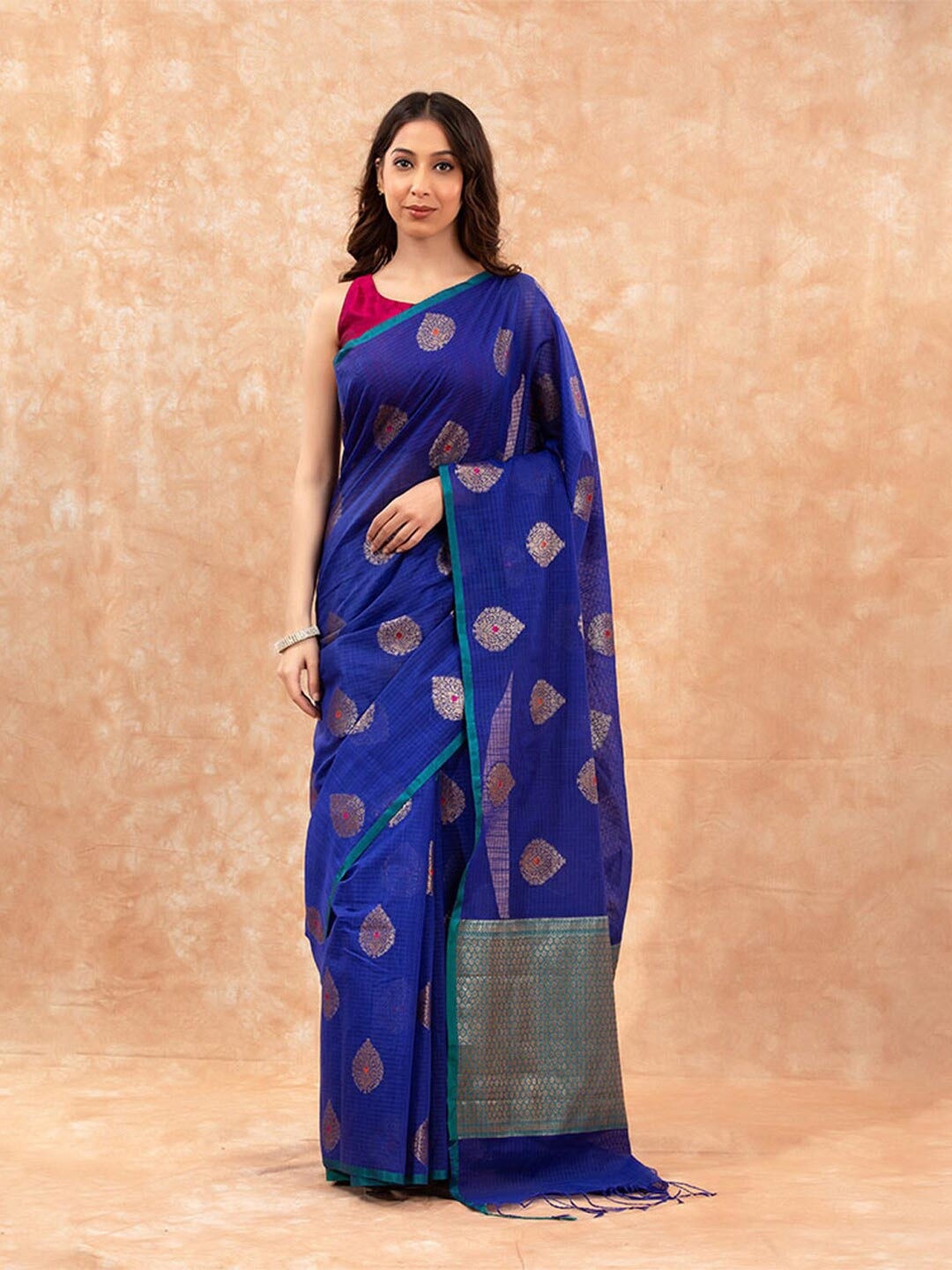 

CHINAYA BANARAS Ethnic Motifs Woven Design Zari Pure Cotton Banarasi Saree, Blue
