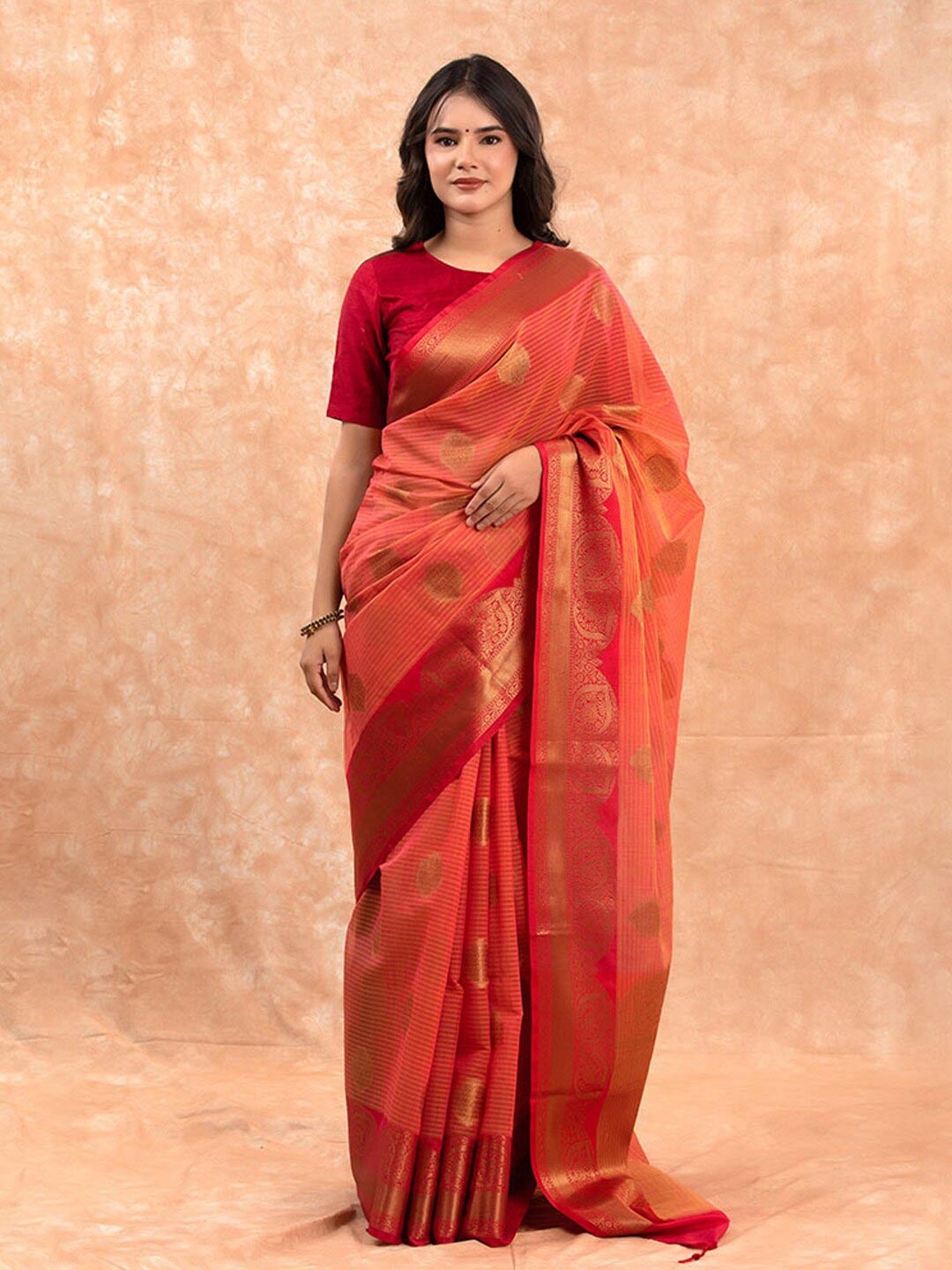 

CHINAYA BANARAS Ethnic Motifs Woven Design Zari Pure Cotton Banarasi Saree, Red