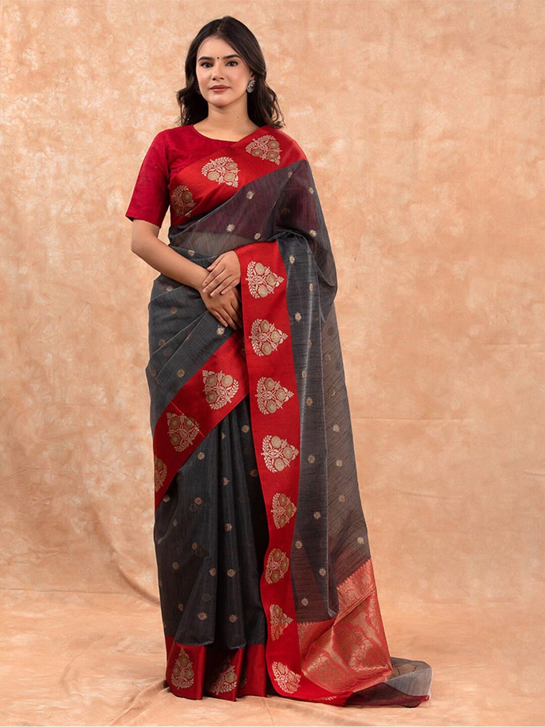 

CHINAYA BANARAS Ethnic Motifs Woven Design Zari Pure Cotton Banarasi Saree, Black