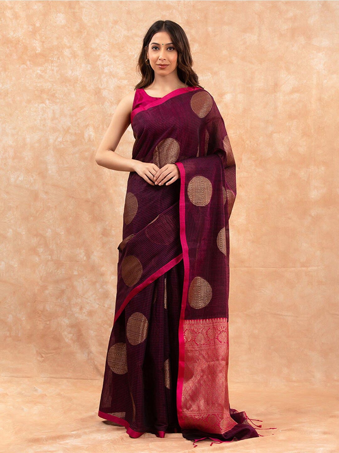 

CHINAYA BANARAS Ethnic Motifs Woven Design Zari Pure Cotton Banarasi Saree, Purple