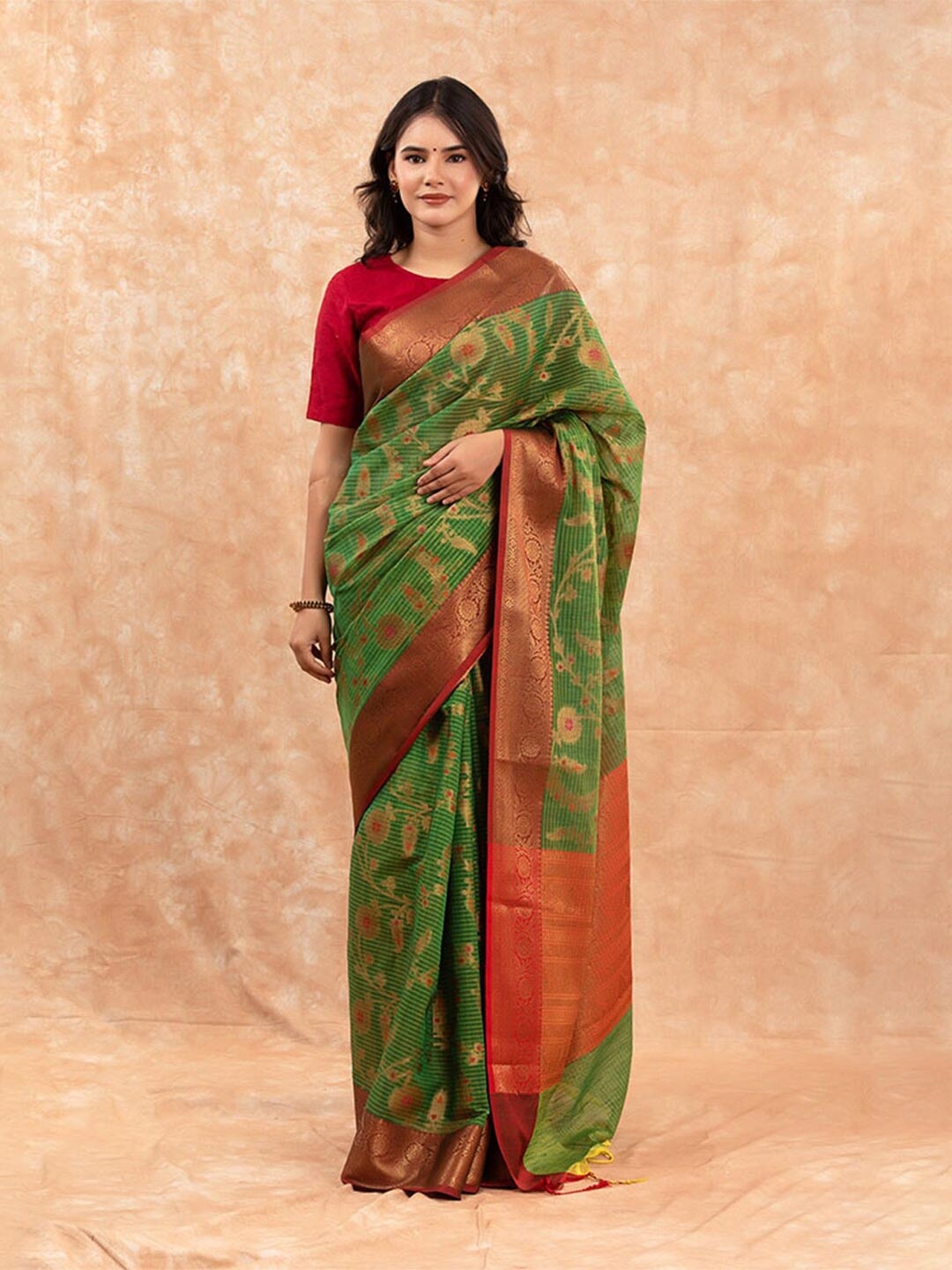 

CHINAYA BANARAS Floral Woven Design Zari Pure Cotton Banarasi Saree, Green